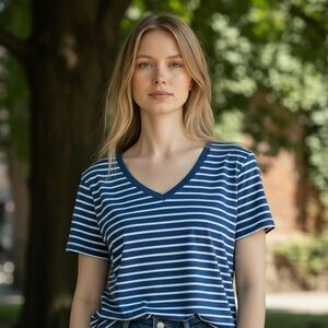 Ricki's Navy and White Striped V-Neck Tee